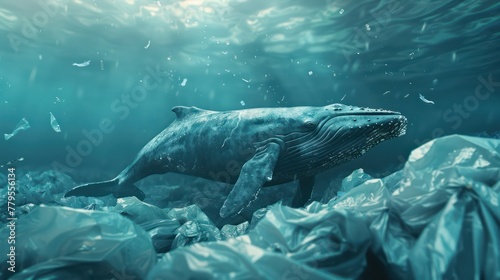 A blue whale sits on a pile of plastic bags. Plastic bags pollute the ocean. Concept of environmental conservation. © Phoophinyo