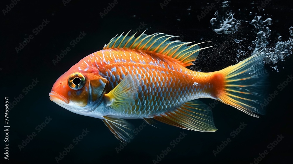 AI generated illustration of A vibrant red and yellow tropical fish swims in an aquatic environment AI generated illustration of A vibrant red and yellow tropical fish swims in an aquatic environment