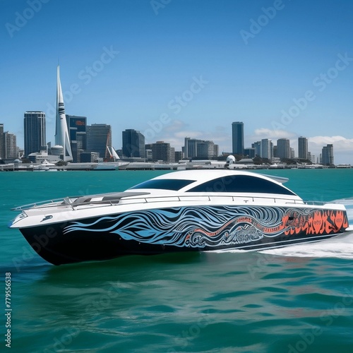 AI generated illustration of a speed boat cruising along the water in front of a large city