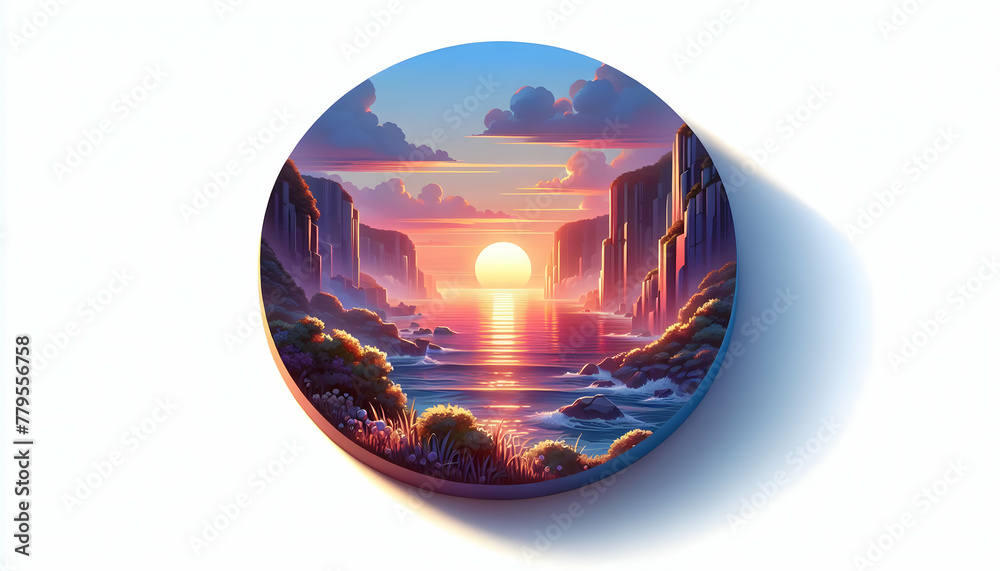 3d flat icon as Coastal Sunrise Dawn breaks over coastal cliffs painting the sky with morning hues. in nature and landscapes theme with isolated white background ,for advertisement and banner, Full de 3d flat icon as Coastal Sunrise Dawn breaks over coastal cliffs painting the sky with morning hues. in nature and landscapes theme with isolated white background ,for advertisement and banner, Full de