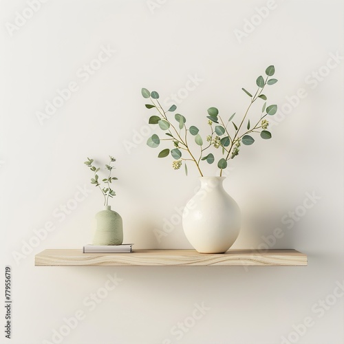 Cream color wall mock up with Vase and green plant on wooden shelf. 