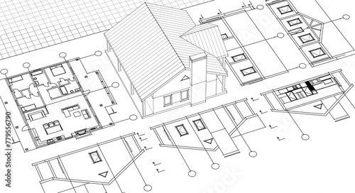 house architectural project sketch 3d illustration 