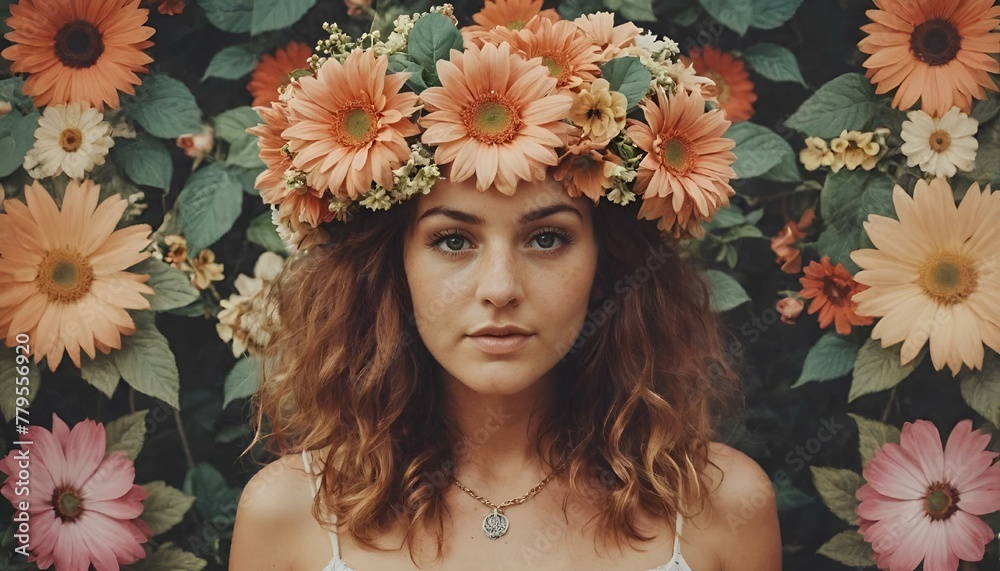 a woman with a flower crown standing in front of some flowers a woman with a flower crown standing in front of some flowers