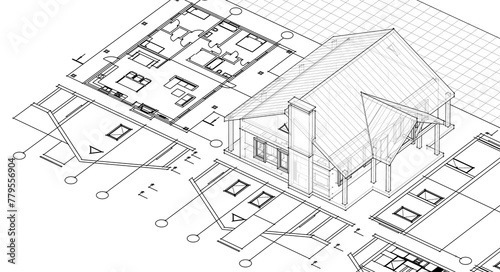 house architectural project sketch 3d illustration 