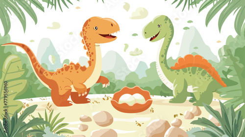 Cartoon happy mom dinosaur and baby dinosaurs hatchin © Prince