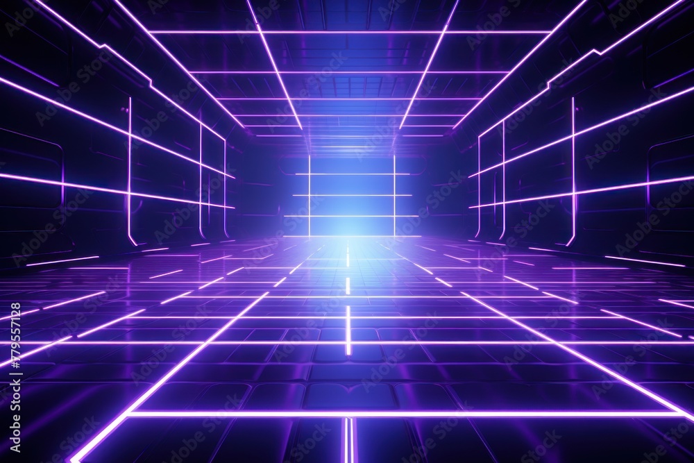 violet light grid on dark background central perspective, futuristic retro style with copy space for design text photo backdrop