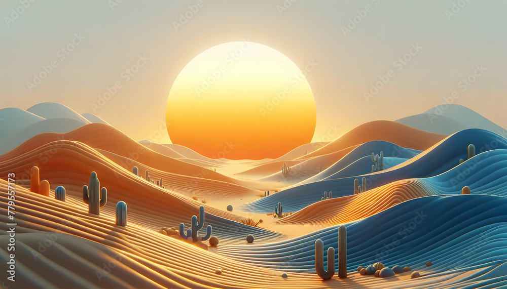 3d flat icon as Desert Dusk The desert sunset casts a golden glow over an untouched landscape. in nature and landscapes theme with isolated white background ,for advertisement and banner, Full depth o