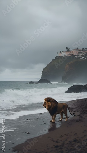 AI generated illustration of a lion strolling on the sandy beach by the ocean  near a cliff