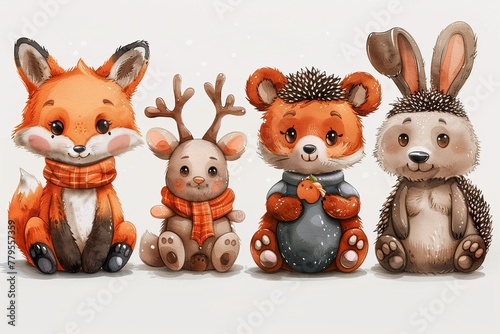 Cute baby fox, deer animal nursery rabbit and bear isolated illustration for children