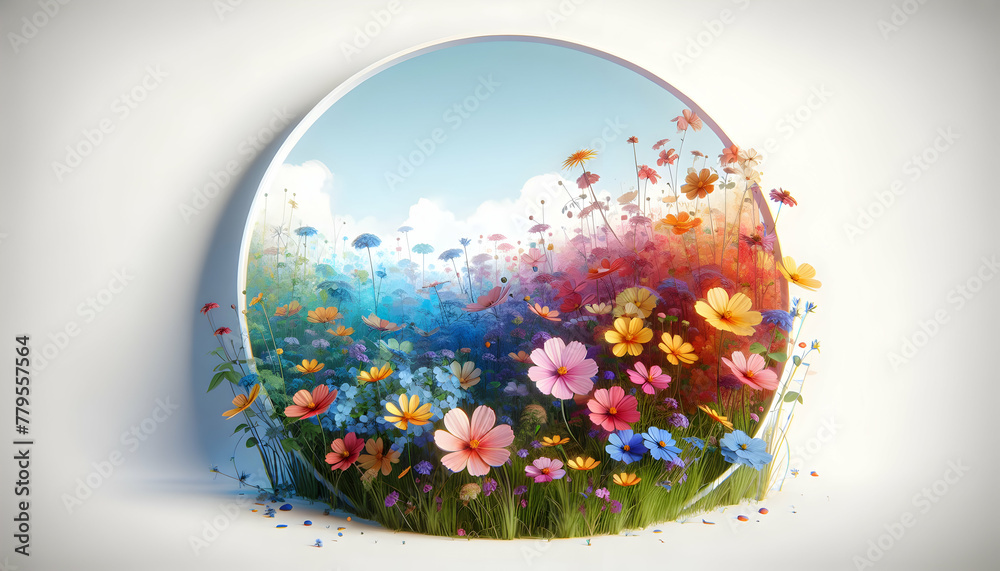 3d flat icon as Floral Fields A field of wildflowers captured in vibrant watercolor. in nature and landscapes theme with isolated white background ,for advertisement and banner, Full depth of field, h