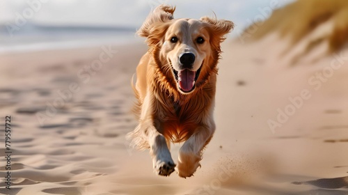Joyful Golden Retriever running on a sandy beach, AI-generated.