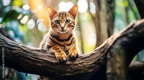 Mischievous Bengal cat perched on a tree branch, AI-generated.