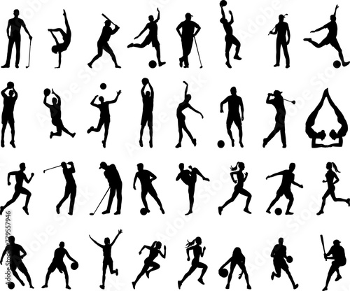 people athletes, golfer, basketball player, volleyball player set silhouette on white background vector