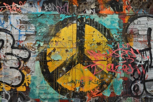 Eine Wand voller Graffitis und einem großen Peace Symbol photo