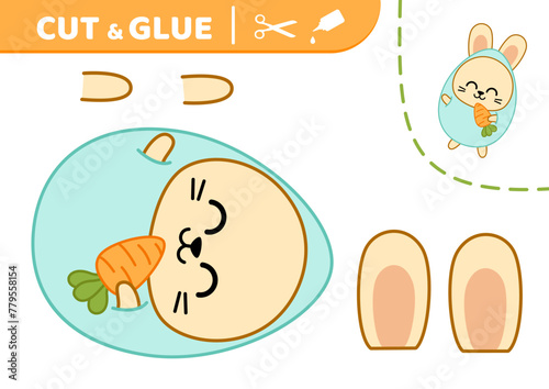 Cut and glue. Bunny in blue egg suit. Applique. Paper game. Vector