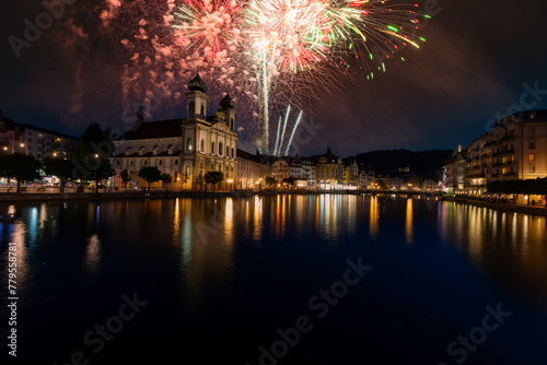 Lucerne (Luzern) panorama at night with view of Jesuit church and Reuss River, Switzerland