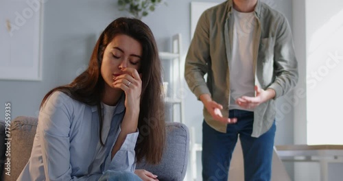 Couple conflict, man talking in despair, miscommunication, family separation, physical distance no contact. Pair in emotional problem, suffer with differences in opinions, unfaithful to spouse, stress