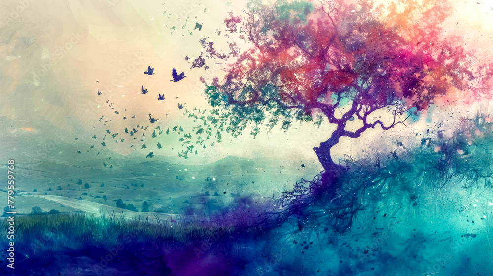 Enchanted watercolor landscape with tree and birds Enchanted watercolor landscape with tree and birds