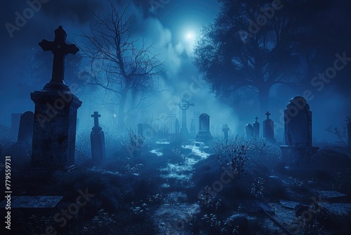 Spooky Graveyard at Night Shrouded in Fog - An Eerie and Haunting Scene