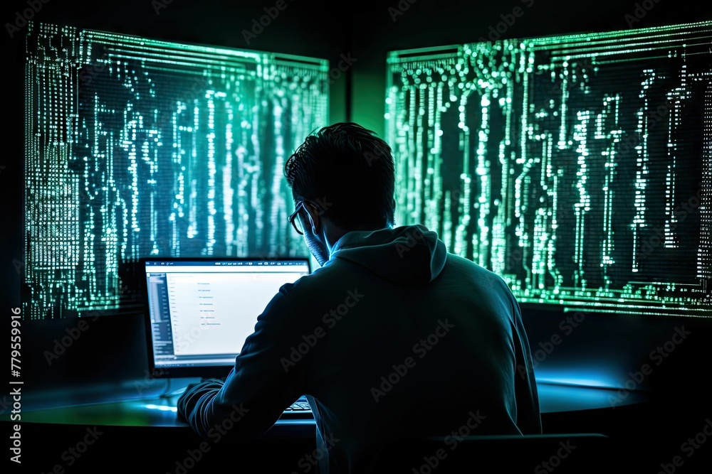 Man in front of a desk, looking attentively at a computer monitor, AI-generated. Man in front of a desk, looking attentively at a computer monitor, AI-generated.