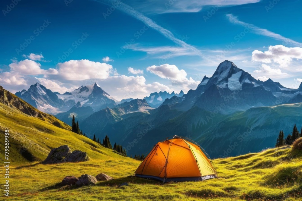 An alpine adventure featuring a lone tent pitched on a grassy mountain slope. The towering peaks and lush greenery create a breathtaking backdrop, evoking a sense of joy and exhilaration.