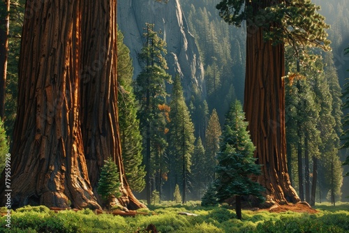 Tall Forest of Giant Sequoias in National Park - A Majestic Redwood Landscape photo