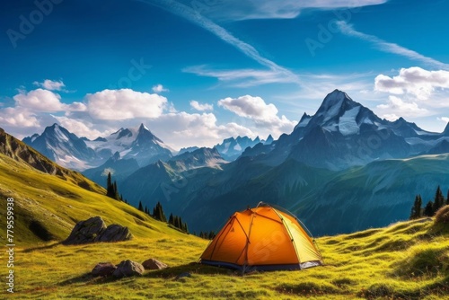 An alpine adventure featuring a lone tent pitched on a grassy mountain slope. The towering peaks and lush greenery create a breathtaking backdrop  evoking a sense of joy and exhilaration.