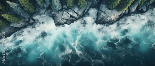Majestic aerial view of turbulent ocean waves crashing against rocky cliffs. Overhead shot of mighty sea waves meeting the rugged coastline amidst lush greenery