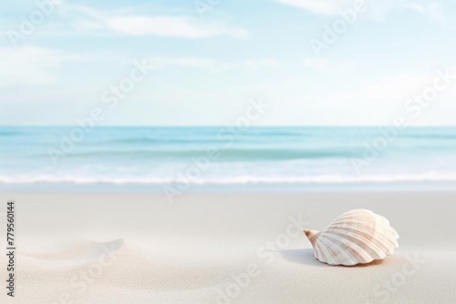 A solitary seashell resting on the smooth sand. The delicate details of the shell. The tranquil ocean and clear sky provide a serene backdrop, evoking a sense of peace and relaxation.