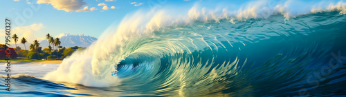 A large wave is crashing on the shore. The water is blue and the sky is clear. The scene is peaceful and serene