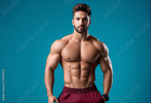 Muscled male fitness model showcasing strength and physique against a teal background, ideal for health and wellness, sports apparel concepts