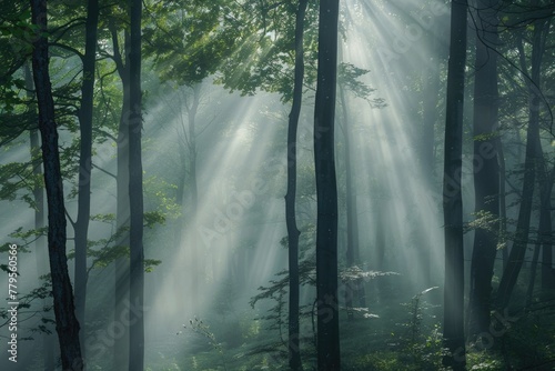 Forest of Beech Trees with Backlit Underbrush Illuminated by Sunbeams through Misty Fog