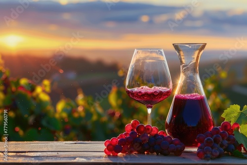 Vineyard Red Wine Carafe and Wine Glasses Set in Italian Landscape. Perfect for Wine Lovers and Italian Culture Enthusiasts