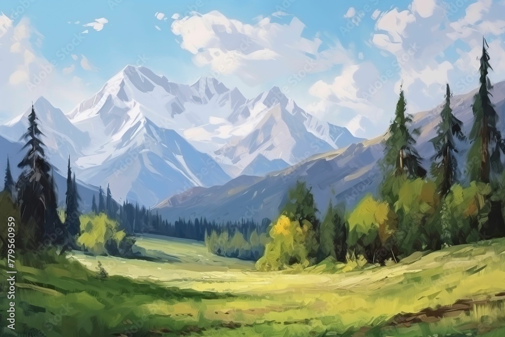 AI generated illustration of A vibrant and colorful painting of a stunning mountain landscape