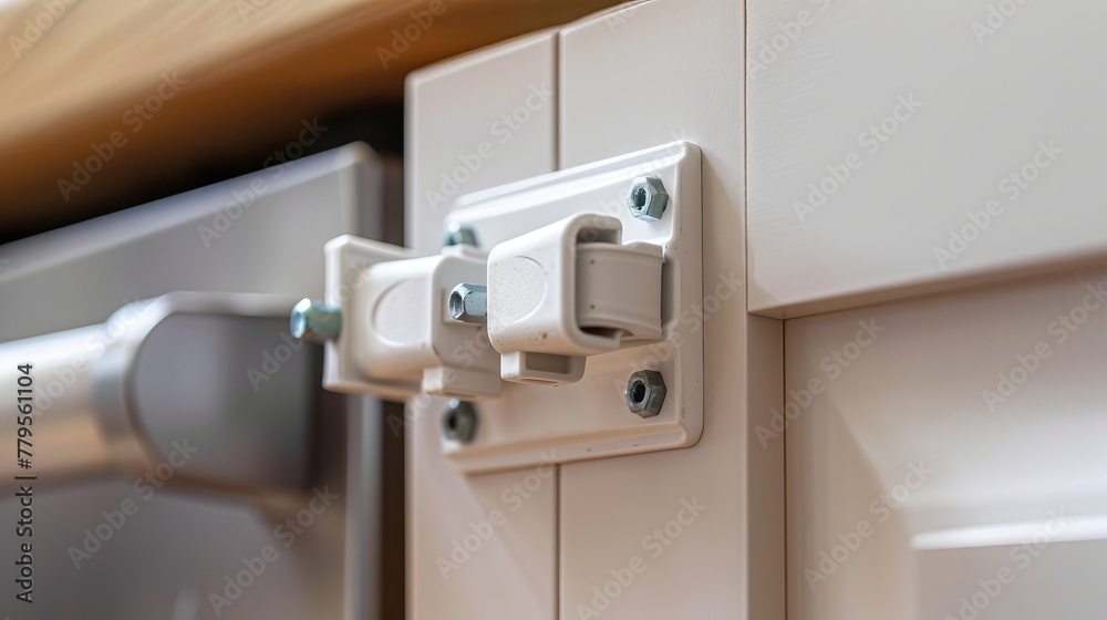 Detailed view of a secure, baby-proof latch on a cabinet, highlighting an innovative and inspired design for child safety Detailed view of a secure, baby-proof latch on a cabinet, highlighting an innovative and inspired design for child safety