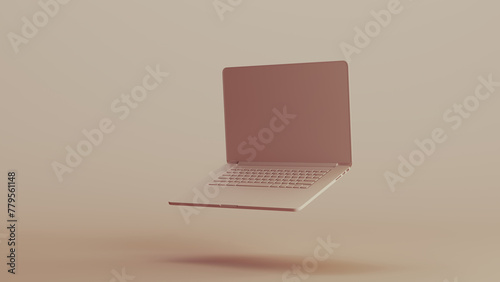 Laptop notebook computer neutral backgrounds soft tones beige brown open technology background front quarter left view 3d illustration render digital