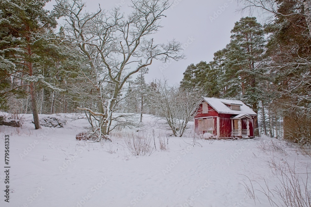 Abandond red wooden cabin with windows covered with plywood in forest with snow on the ground in cloudy winter weather, Kallahdenniemi, Helsinki, Finland.