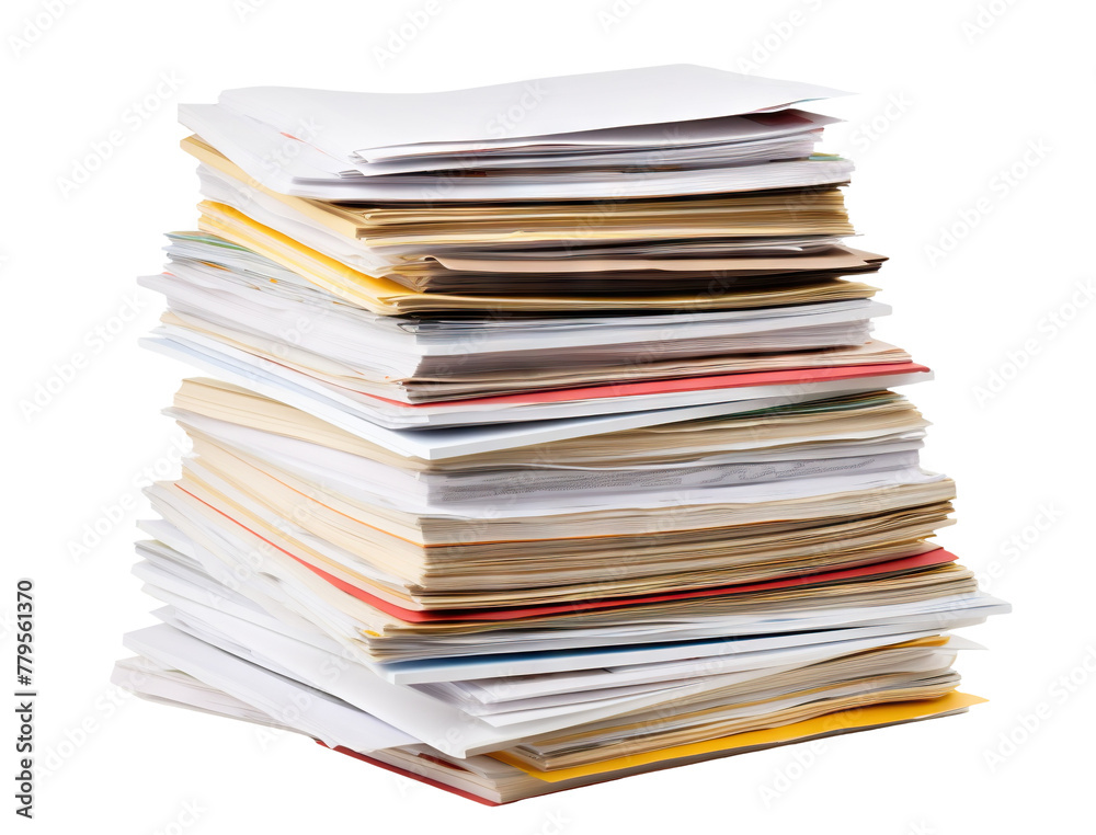 Towering stack of paperwork and files, cut out Towering stack of paperwork and files, cut out