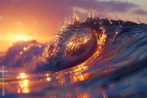 Close-Up of a Wave at Sunset with Fiery Reflections - Ocean's Mesmerizing Beauty