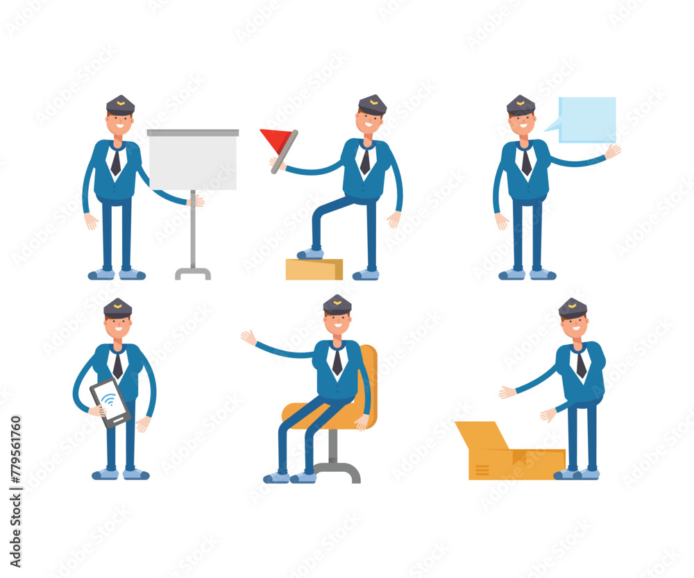 captain characters set in various poses vector illustration