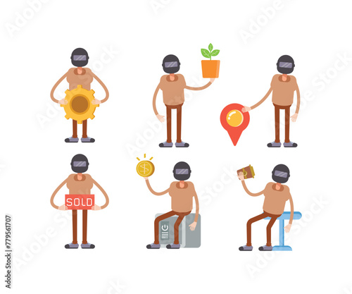 man wearing helmet characters in various poses vector illustration