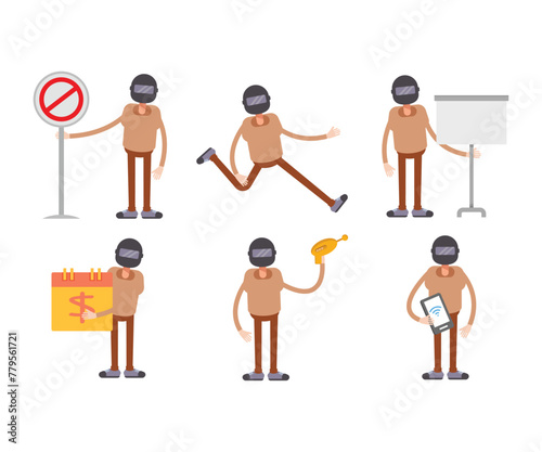 man wearing helmet characters in various poses vector illustration