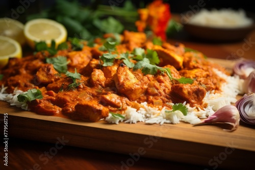 Hearty chicken tikka masala on a wooden board against a floral wallpaper background
