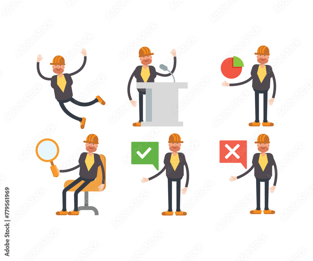 engineer characters in different poses vector set