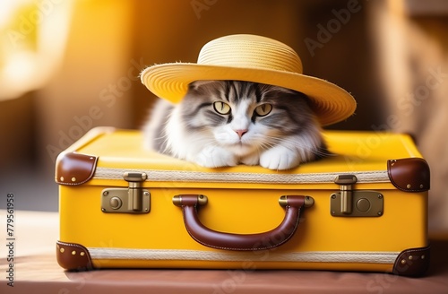 Kitty in straw hat lies on yellow vintage suitcase, concept of traveling with pets, weekend vacation, pet hotel, tour sale, summer holidays