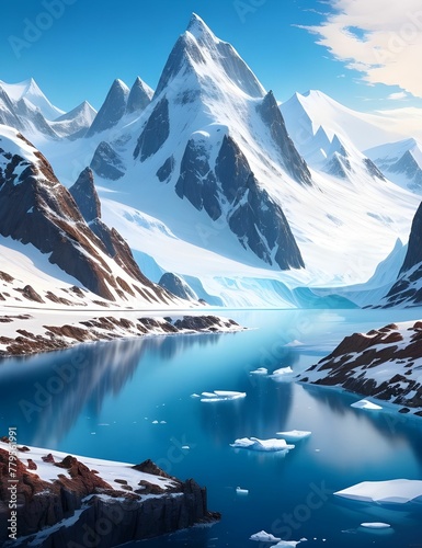 AI generated illustration of a snow-covered mountain range against a lake © Wirestock