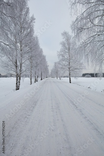 The snow has been plowed from the road in cold cloudy winter weather, Haltiala, Helsinki, Finland.