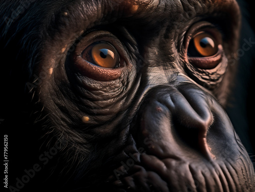 AI generated illustration of a gorilla with glowing eyes in a natural habitat looking at the camera photo