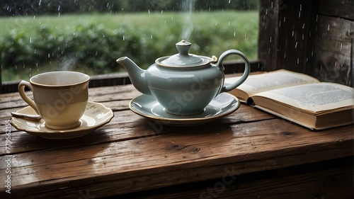 A steaming cup of tea sits on a rustic wooden table next to a vintage teapot and a stack of books on a rainy afternoon. -