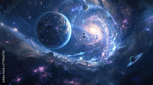 Celestial bodies swirling in a cosmic dance of planets and stars, painting the universe with light.